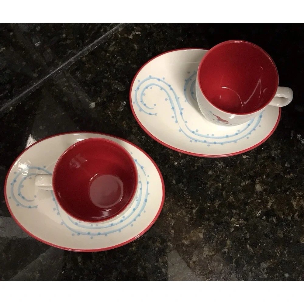 Set of 2 Starbucks 2007 Christmas Coffee Cup & Saucer Holiday‎ Snowman & Penguin